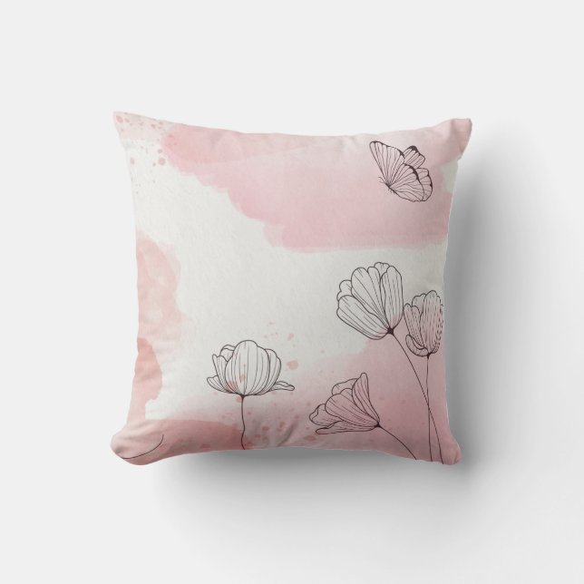 Watercolor with Flowers and Butterfly Throw Pillow (Front)