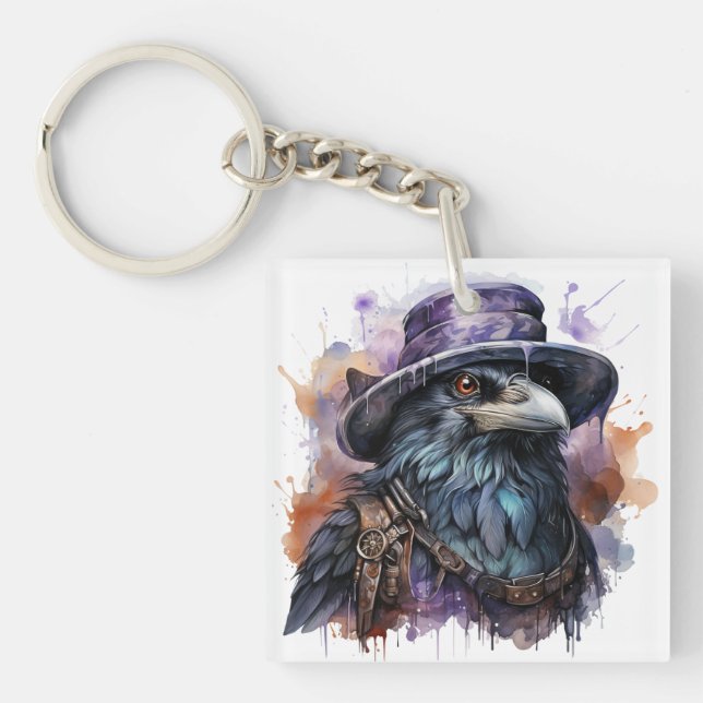 Watercolor Wizard Raven Bird Keychain (Front)
