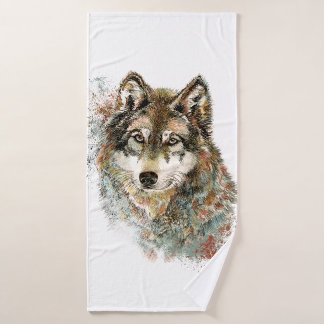 Watercolor Wolf Art Wildlife Animal Art Bath Towel (Bath Towel)