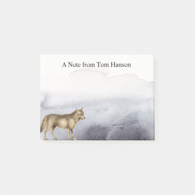 Watercolor Wolf Blue Clouds Personalized Post-it Notes (Front)