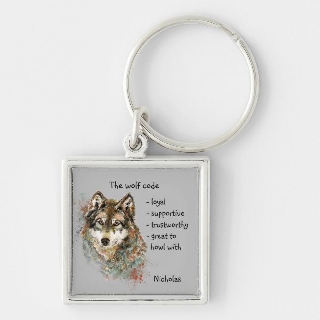 Watercolor Wolf Code Quote, Wolves Custom Name Key Keychain (Front)