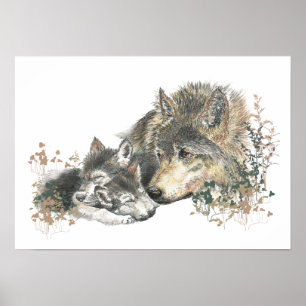Watercolor Wolf & Cub Animal Art Poster