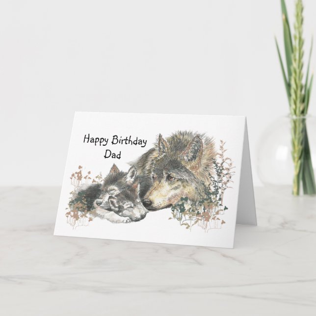 Watercolor Wolf Father & Cubs Dad, Father Birthday Card (Front)