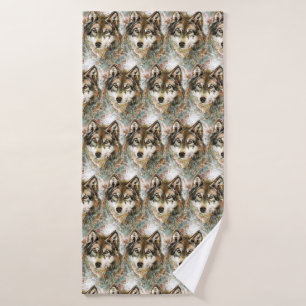 Watercolor Wolf Head Grey Black White Colours Bath Towel