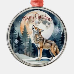 Watercolor Wolf Howling Moon Winter Animal art Metal Ornament