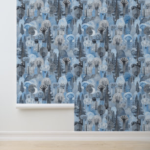 Watercolor Wolf In the Winter Night Forest Blue Wallpaper