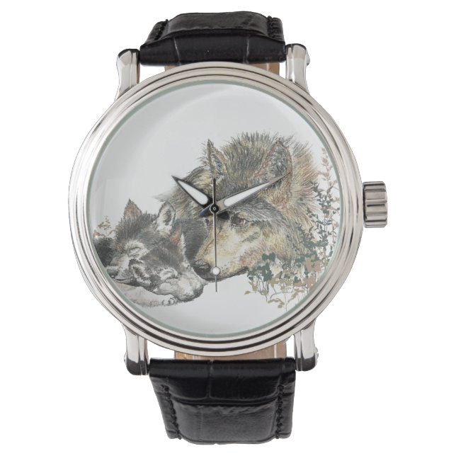 Watercolor Wolf Mom & Cub Animal Nature Art Watch (Front)