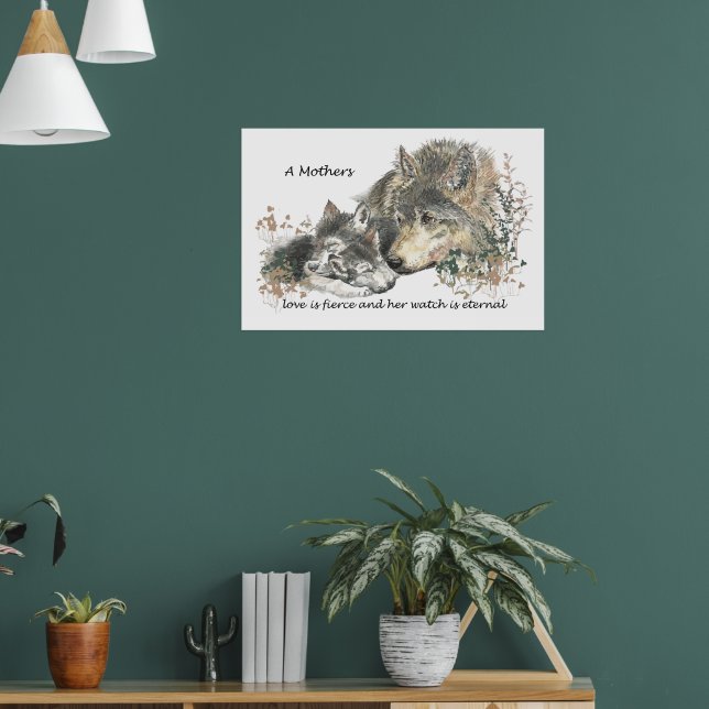 Watercolor Wolf Mom Love Fierce Watch Eternal Poster (Living Room 1)