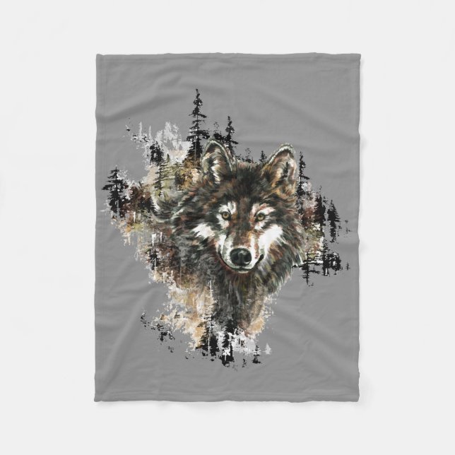 Watercolor Wolf Mountain Animal Art Fleece Blanket (Front)