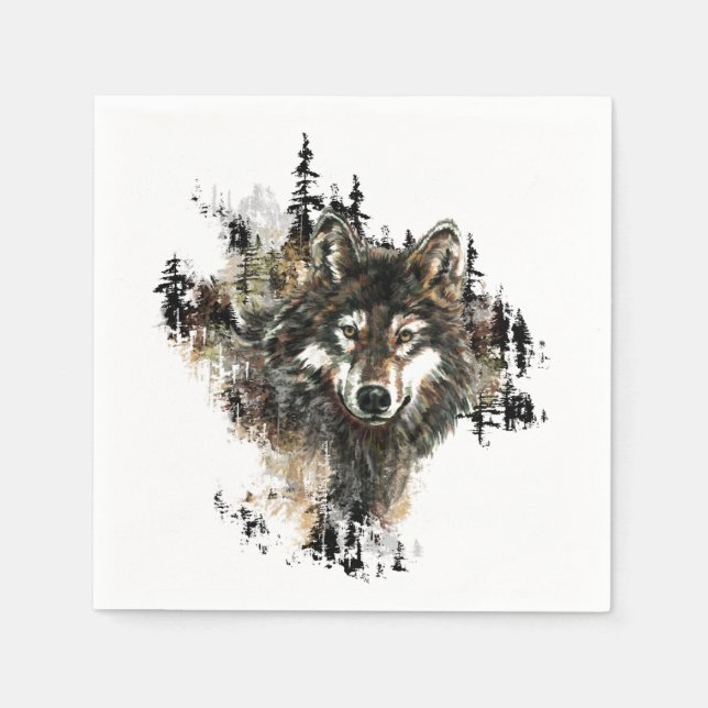 Watercolor Wolf Mountain Animal Nature art Napkin (Front)