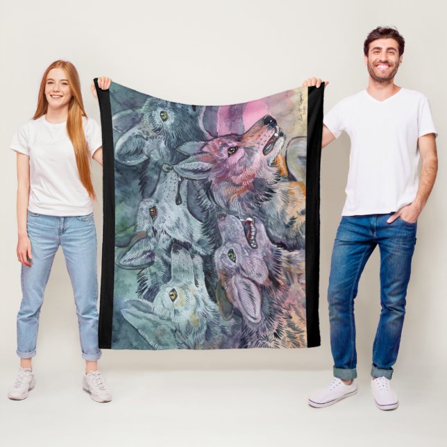Watercolor Wolf Pack Fleece Blanket (In Situ)
