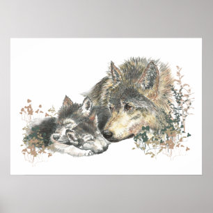 Watercolor  Wolf Parent & Cub Animal Art Poster
