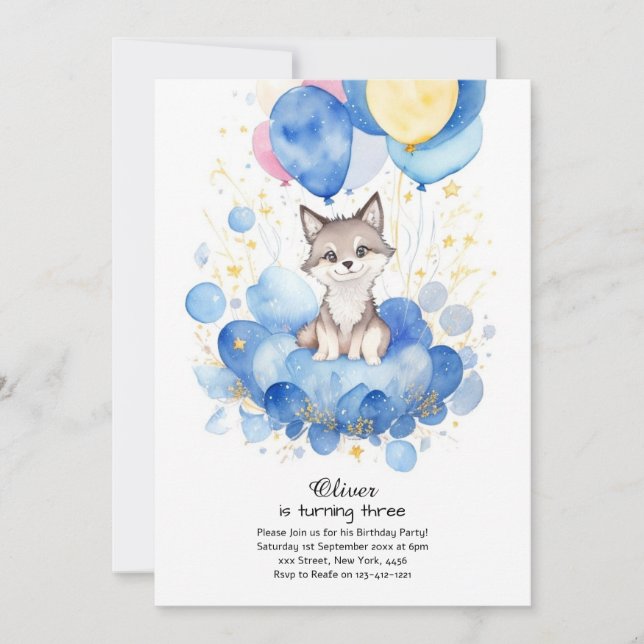 Watercolor Wolf Pup Invitation d'anniversaire (Devant)