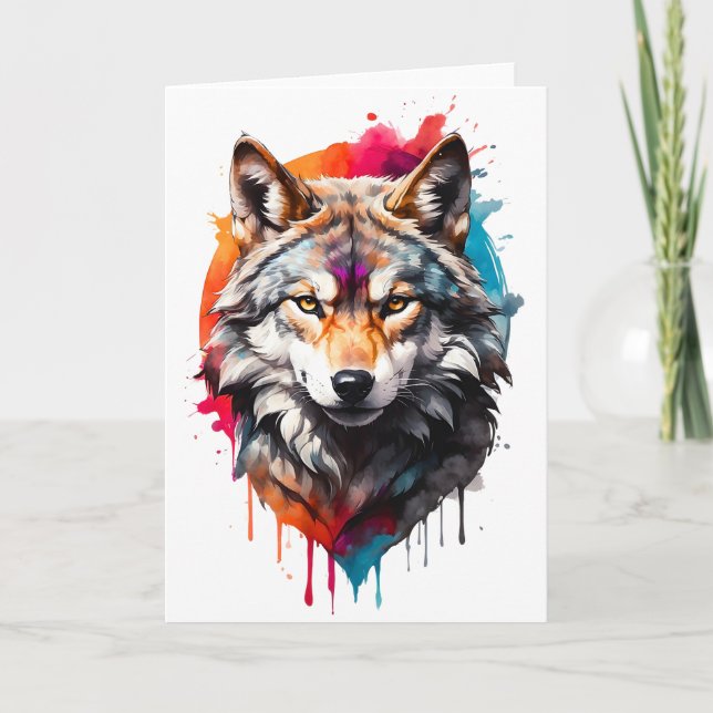 Watercolor Wolf Splatter Portrait Splash Ink Blank Card (Front)