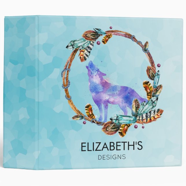 Watercolor Wolf Standing in a Boho Style Wreath Binder (Front/Spine)