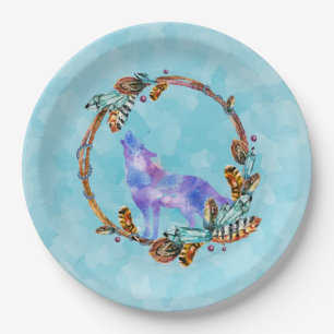 Watercolor Wolf Standing in a Boho Style Wreath Paper Plate