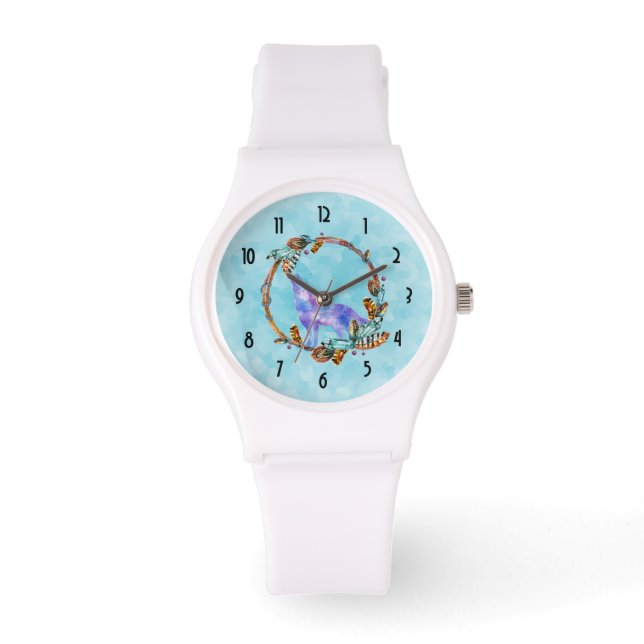 Watercolor Wolf Standing in a Boho Style Wreath Watch (Front)