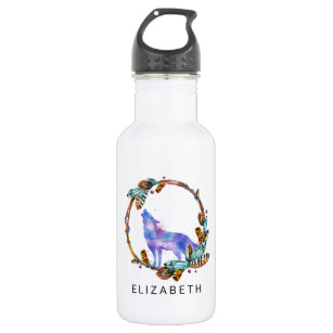 Watercolor Wolf with a Boho Style Wreath Custom 532 Ml Water Bottle