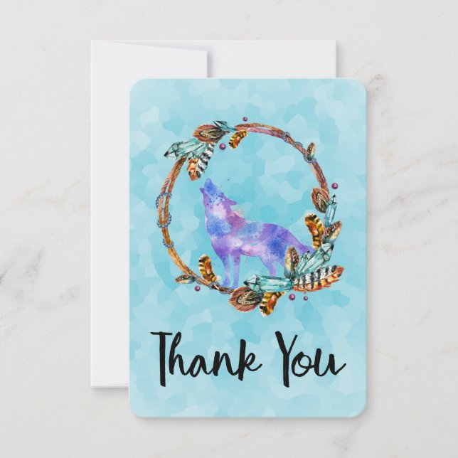 Watercolor Wolf with a Boho Style Wreath Thank You (Front)