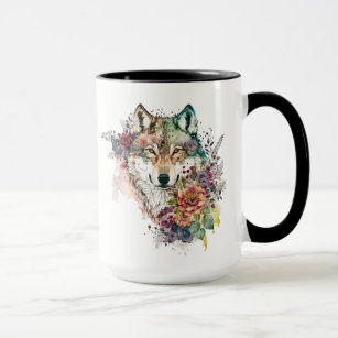 Watercolor Wolf with Flowers in Nature Mug
