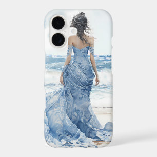 WATERCOLOR WOMAN IN BLUE DRESS ON THE BEACH