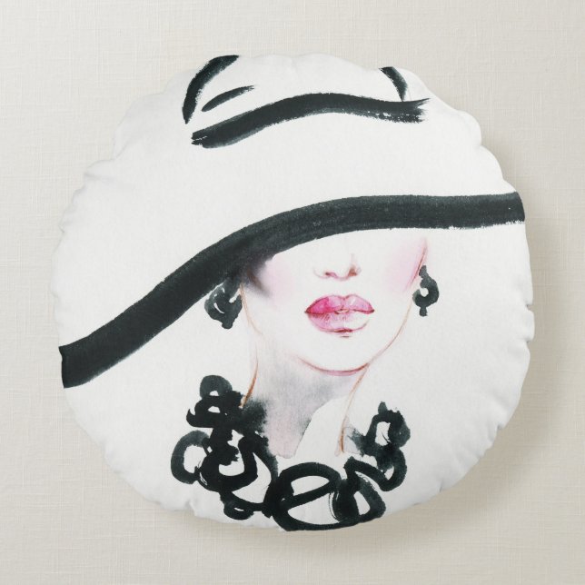 Watercolor woman portrait, abstract fashion illust round pillow (Front)