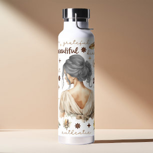 Watercolor Woman With Grey Hair Boho Affirmation Water Bottle