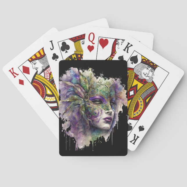 WATERCOLOR WOMANS FACE WITH MARDI GRAS MASK PLAYING CARDS (Back)