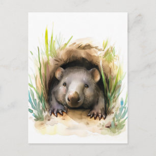 Watercolor Wombat Peeking from Burrow Postcard