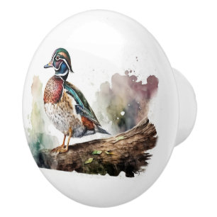 Watercolor Wood Duck On A Log Ceramic Knob