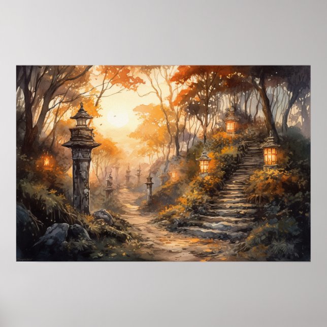 Watercolor wooded path with lanterns in fall poster (Front)