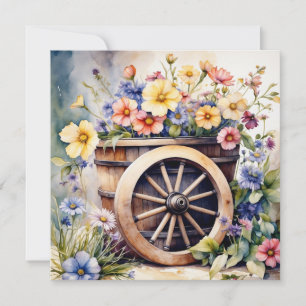 Watercolor Wooden Wheel with Garden Flowers Card
