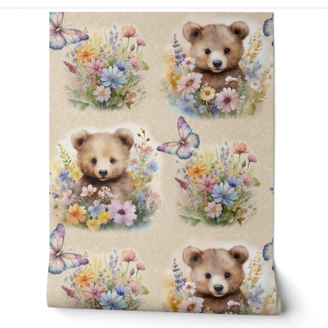 Watercolor Woodland Animal Bear Floral Butterfly Wallpaper (Unrolling)