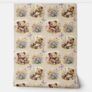 Watercolor Woodland Animal Bear Floral Butterfly Wallpaper