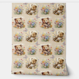 Watercolor Woodland Animal Bear Floral Butterfly Wallpaper