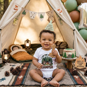 Watercolor Woodland animal camper 1st birthday Baby Bodysuit
