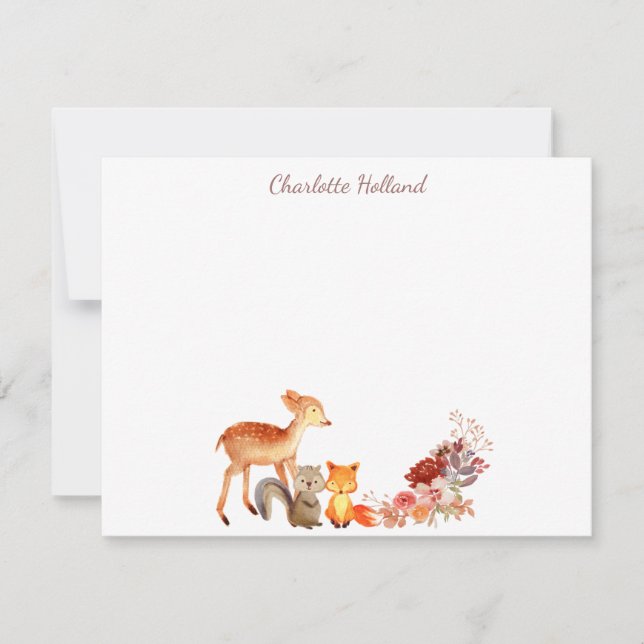 Watercolor Woodland Animal Floral Personalized Card (Front)