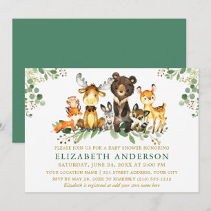 Watercolor Woodland Animals Baby Shower Gold Invitation