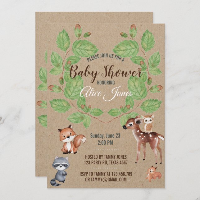 Watercolor Woodland Animals Baby Shower Invitation (Front/Back)