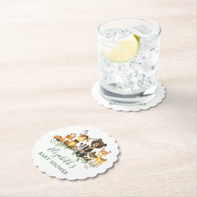 Watercolor Woodland Animals Baby Shower Paper Coaster (Insitu)