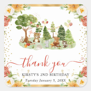 Watercolor Woodland Animals Birthday Square Sticker