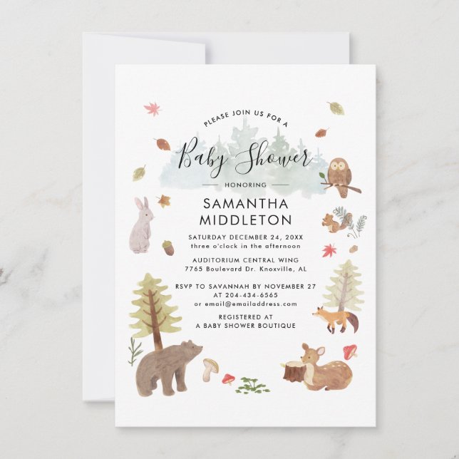 Watercolor Woodland Animals Boys Baby Shower Invitation (Front)
