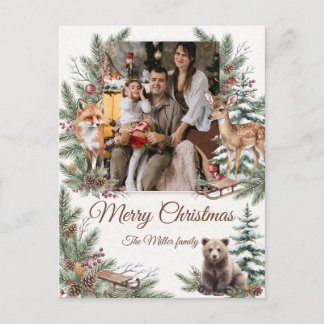 Watercolor Woodland Animals Custom Photo Christmas Holiday Postcard