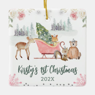 Watercolor Woodland Animals Floral 1st Christmas Ceramic Ornament