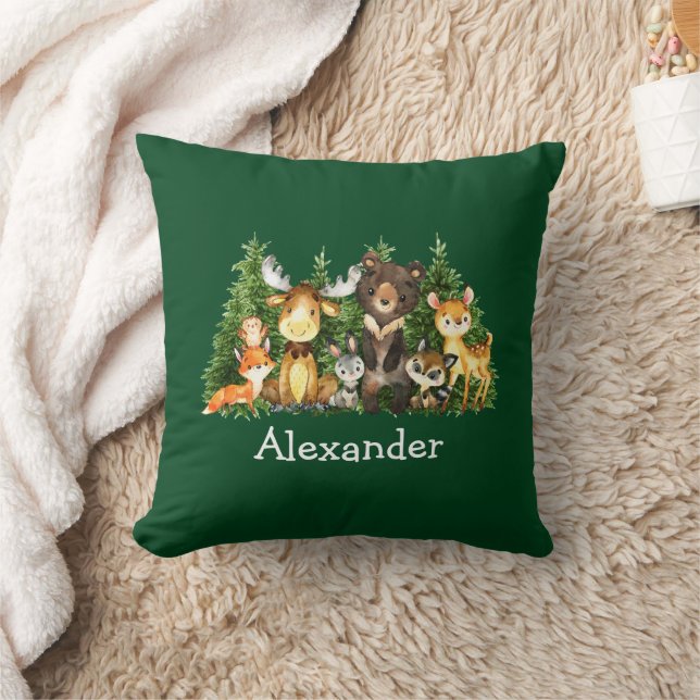 Watercolor Woodland Animals Forest Trees Green Throw Pillow (Blanket)