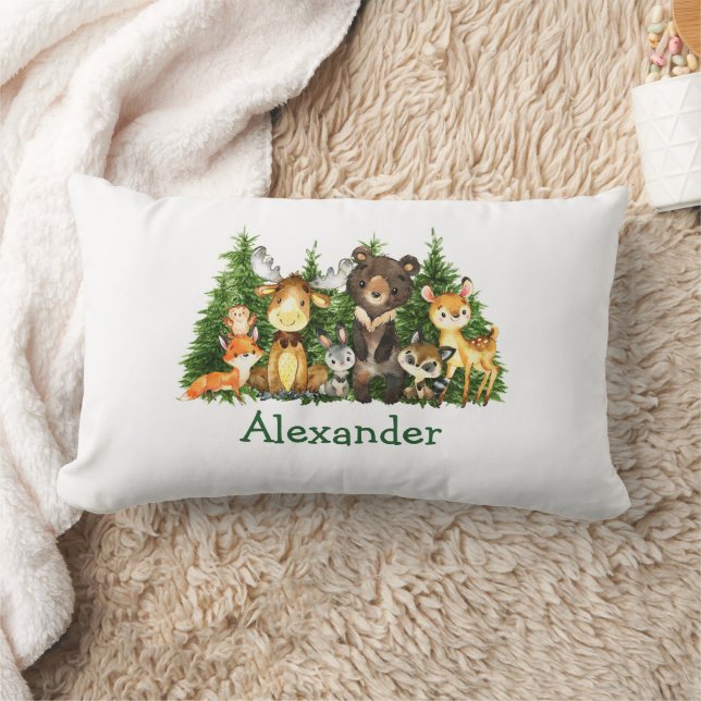 Watercolor Woodland Animals Forest Trees Lumbar Pillow (Blanket)