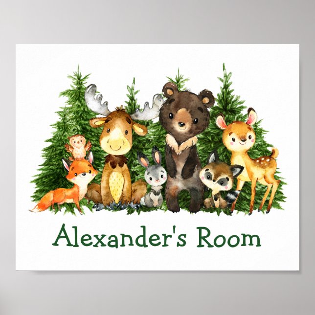 Watercolor Woodland Animals Forest Trees Poster (Front)