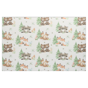 Watercolor Woodland Animals Fox Bear Deer Racoon Fabric
