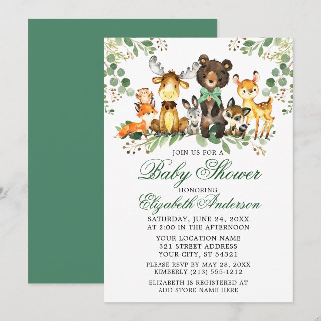 Watercolor Woodland Animals Green Bow Baby Shower Invitation (Front/Back)
