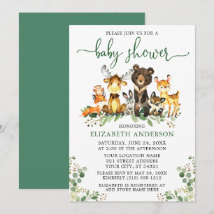 Watercolor Woodland Animals Green Script Shower Invitation
